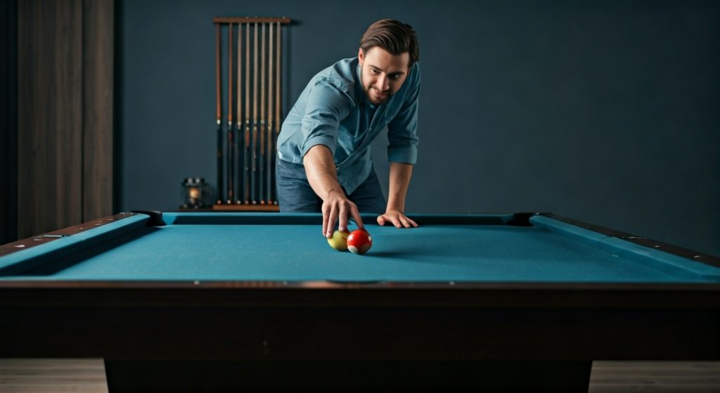 A finished pool table stands in the center of a modern game room