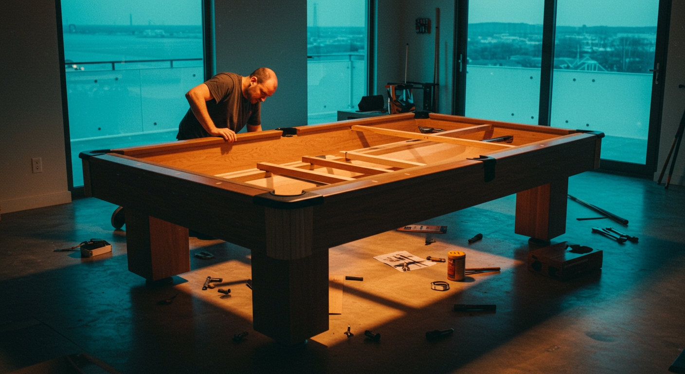 A man assembling the wooden frame of a pool table in a modern game room