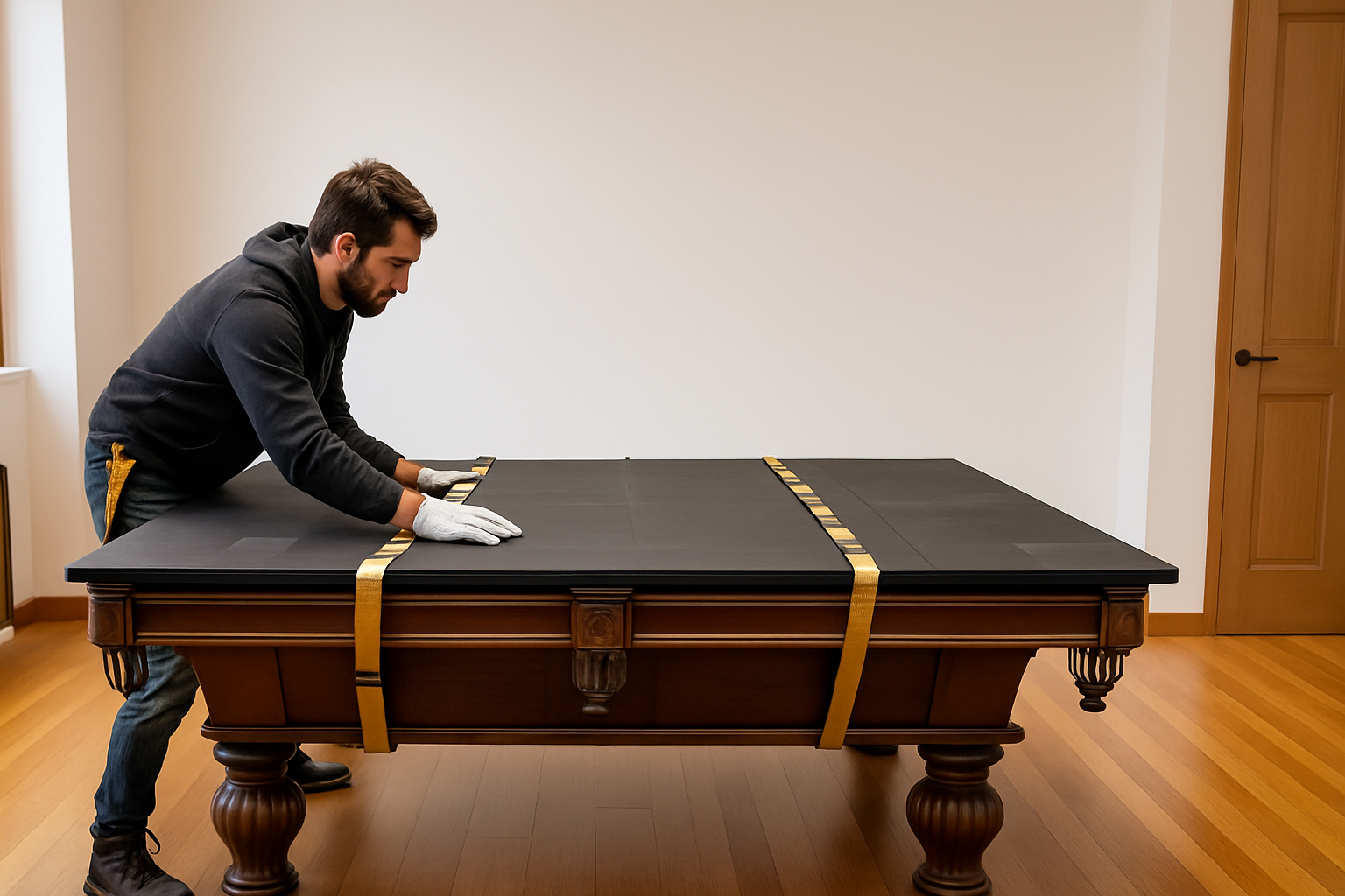A man carefully positioning heavy slate slabs onto the pool table frame using a furniture dolly and lifting straps