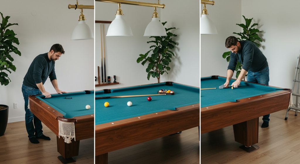 A man installing a pool (billiard) table in a modern home game room by himself